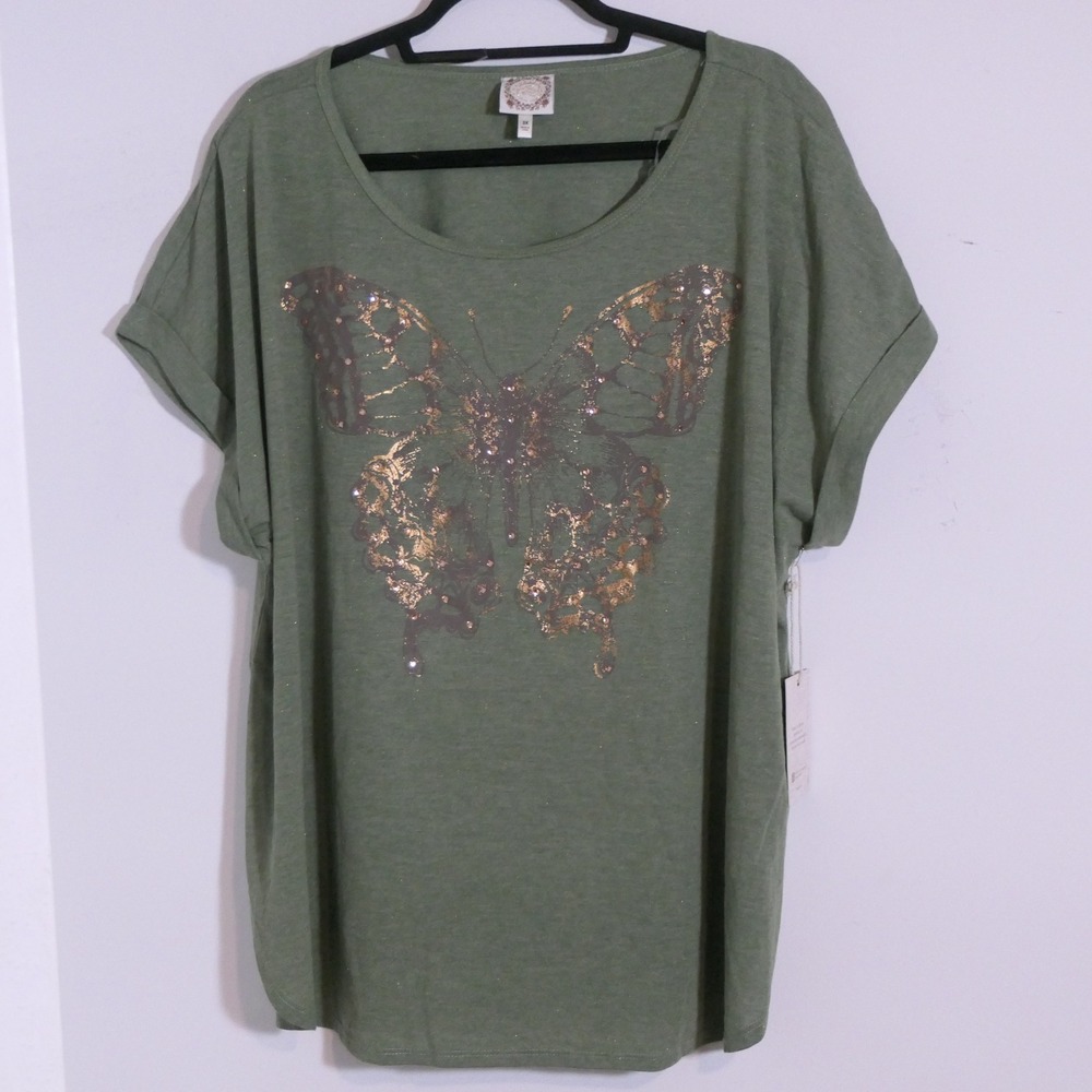 NEW Tru Self Womens Tee 3X Green Boho Butterfly Whimsigoth Sparkle Fairycore